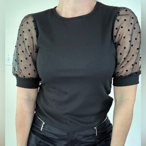 Chic Black Blouse with‎ Sheer Polka Dot Puff Sleeves